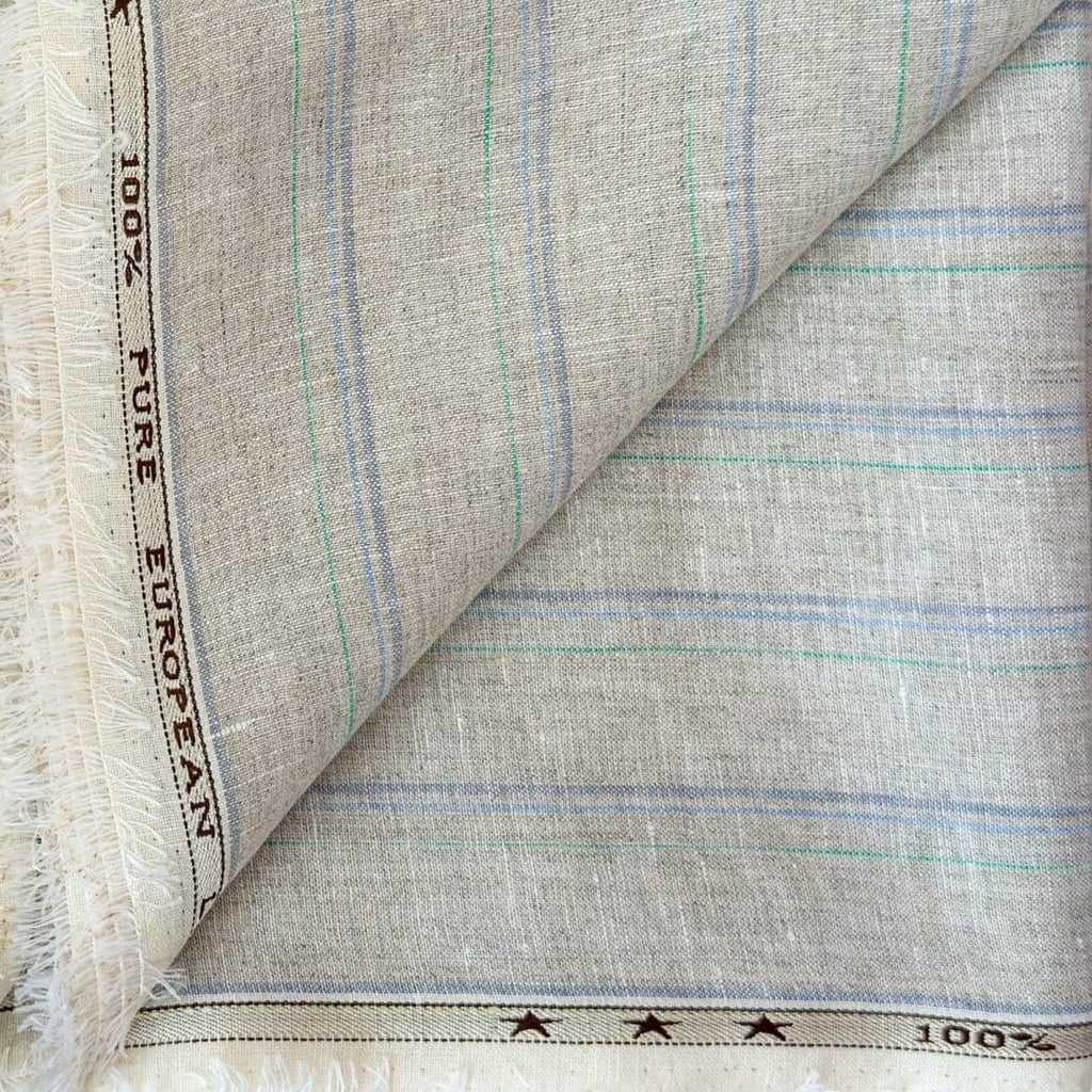 Natural Grey & Blue Stripes 60 LEA Linen Fabric