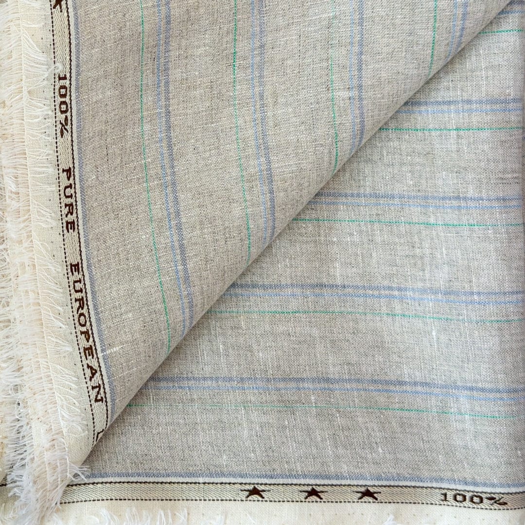 Natural Grey & Blue Stripes 60 LEA Linen Fabric