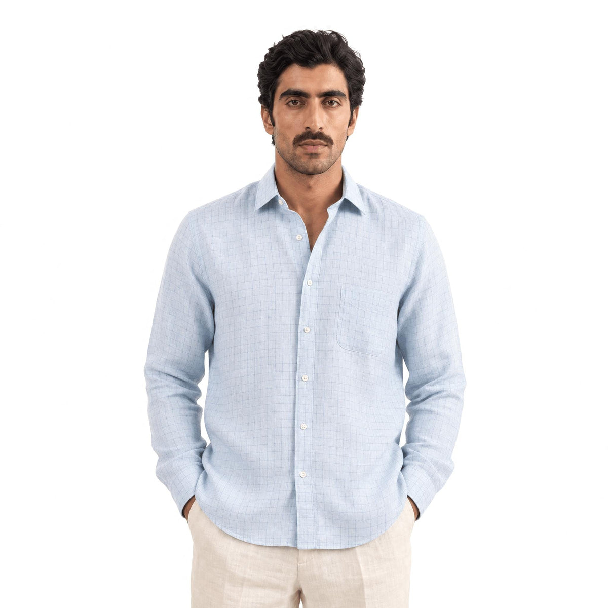 Baby Blue & Dark Blue Checks 60 LEA Linen Fabric