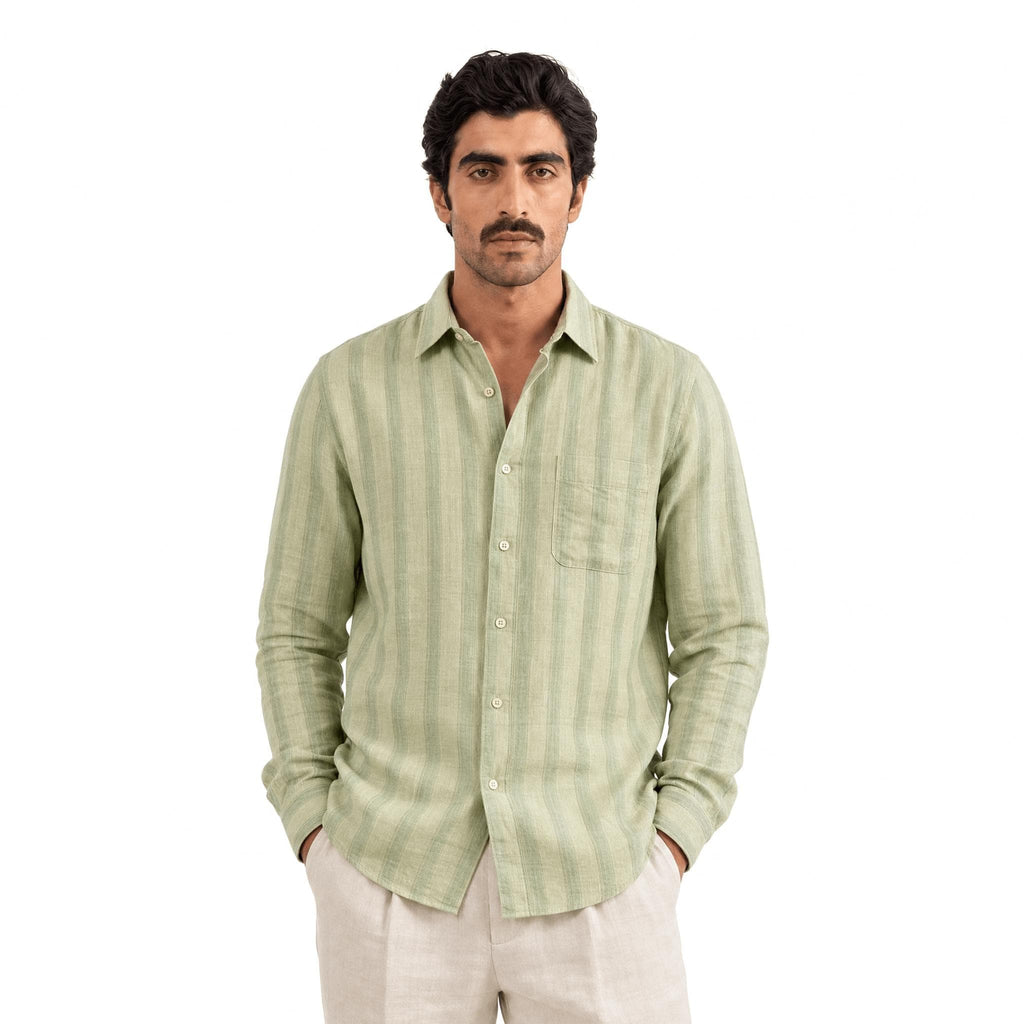 Dusty Green & Grey Stripes 60 LEA Linen Fabric