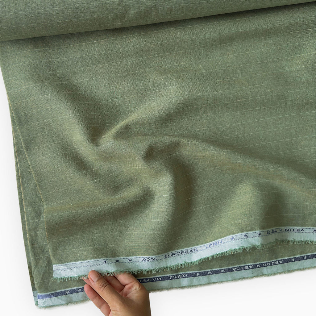 Dusty Green & White Stripes 60 LEA Linen Fabric