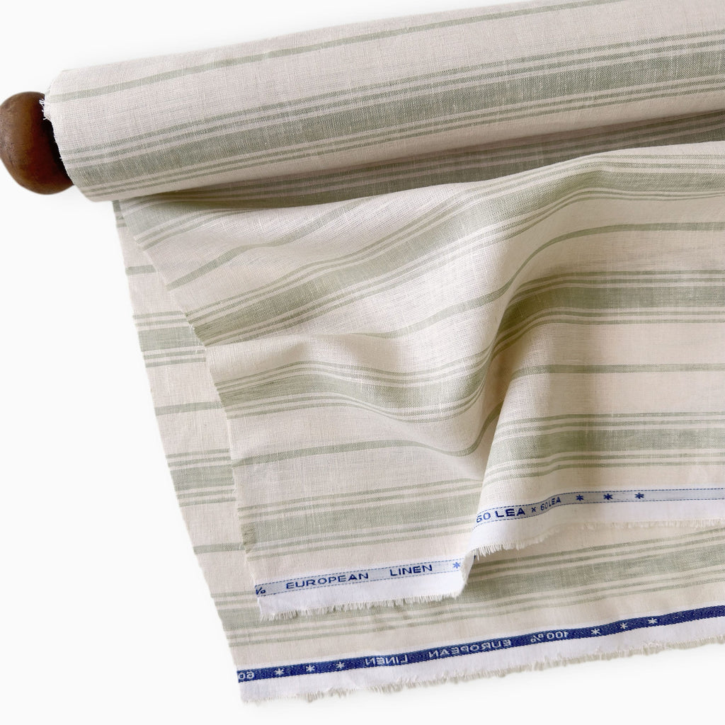 Light Beige & Tea Green Stripes 60 LEA Linen Fabric