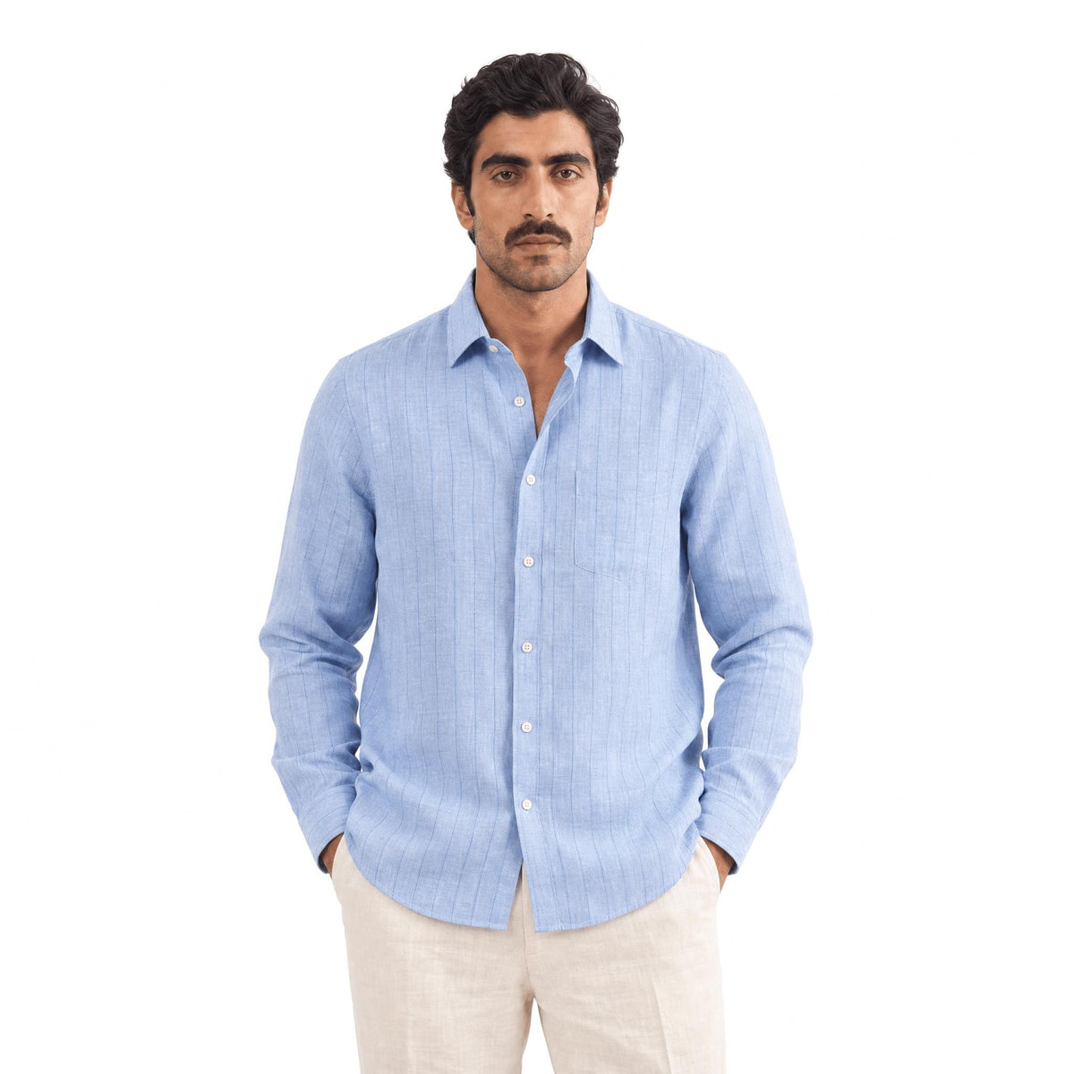 Light Denim & Blue Stripes 60 LEA Linen Fabric