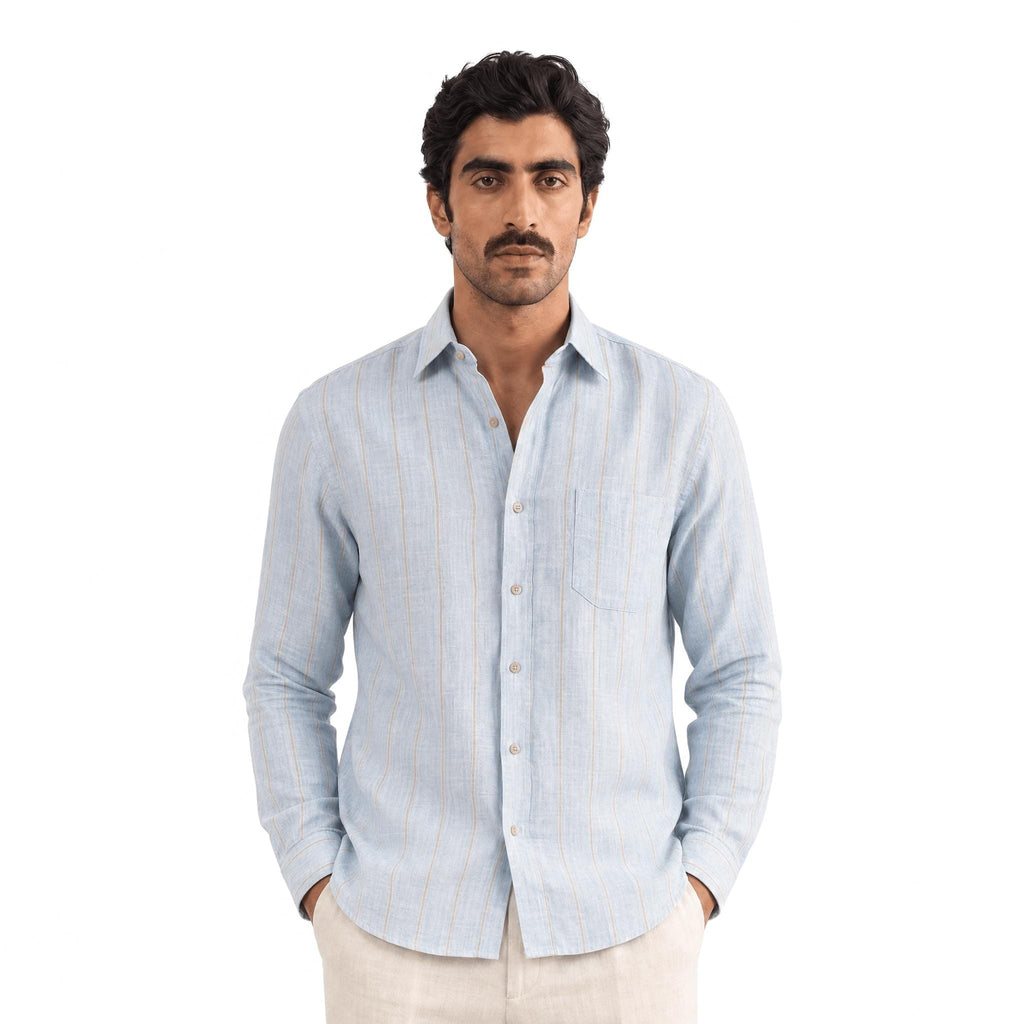Light Denim & Brown Stripes 60 LEA Linen Fabric