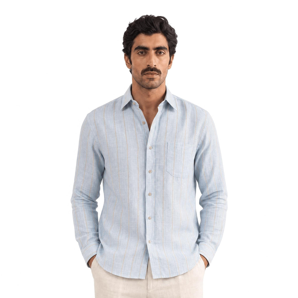 Light Denim & Brown Stripes 60 LEA Linen Fabric