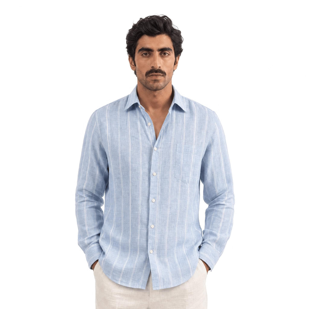 Light Denim & White Stripes 70 LEA Linen Fabric