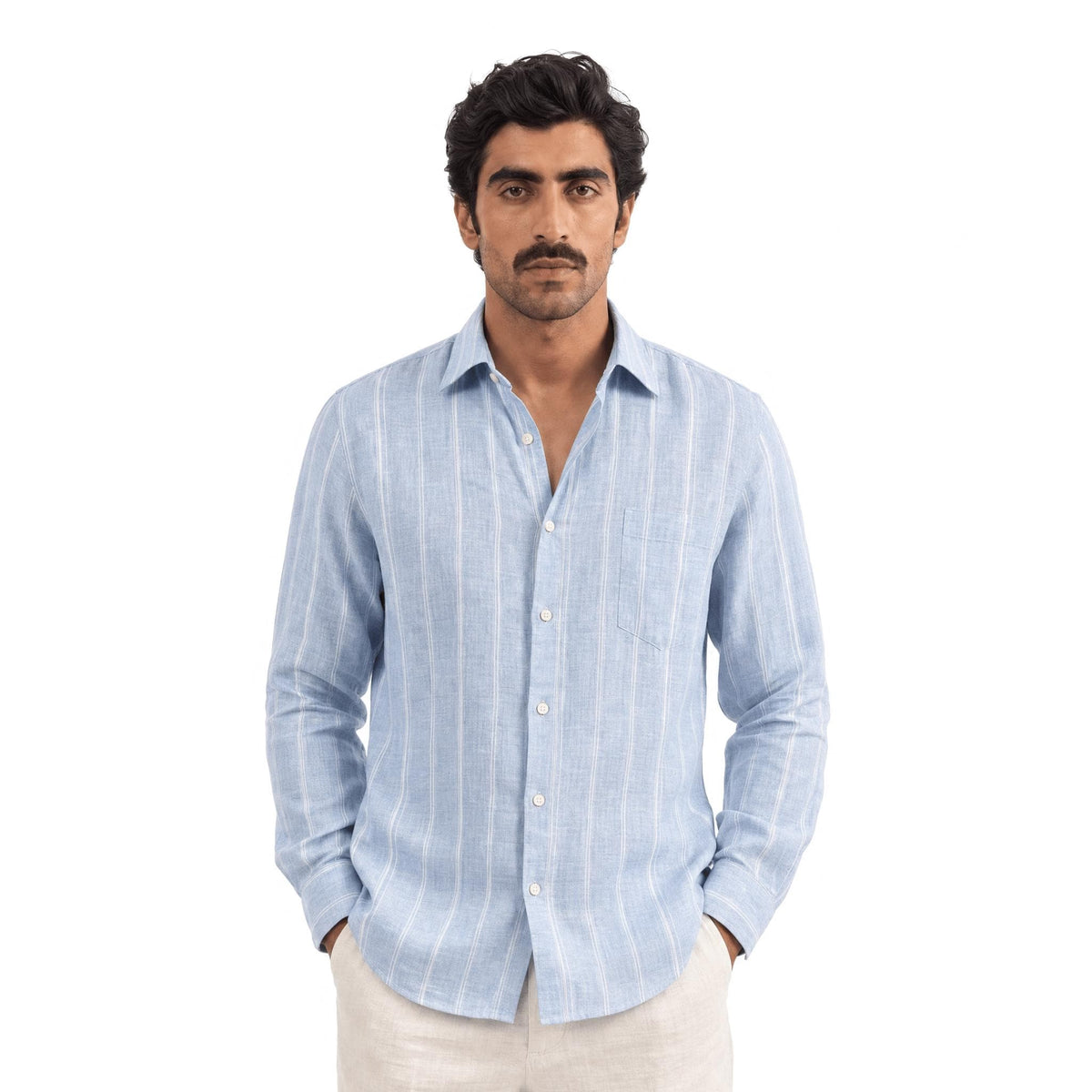 Light Denim & White Stripes 70 LEA Linen Fabric