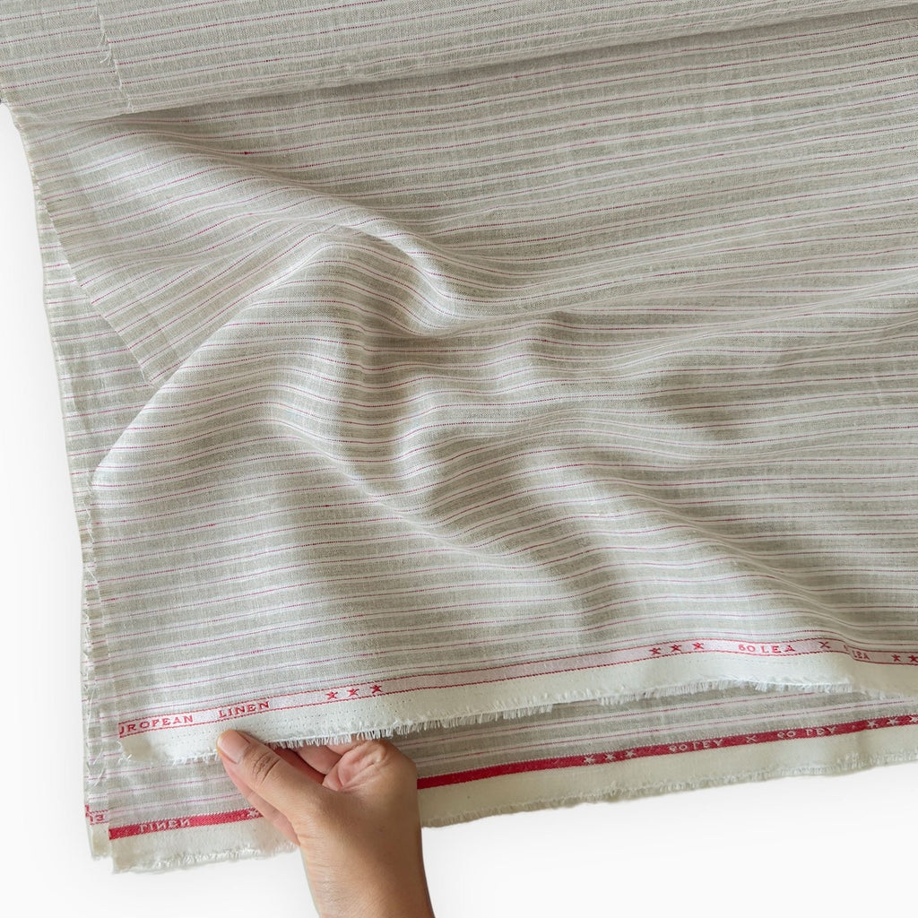 Natural Grey & White-Pink Stripes 60 LEA Linen Fabric