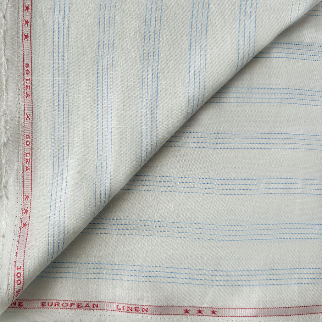 Natural White & Blue Stripes 60 LEA Linen Fabric