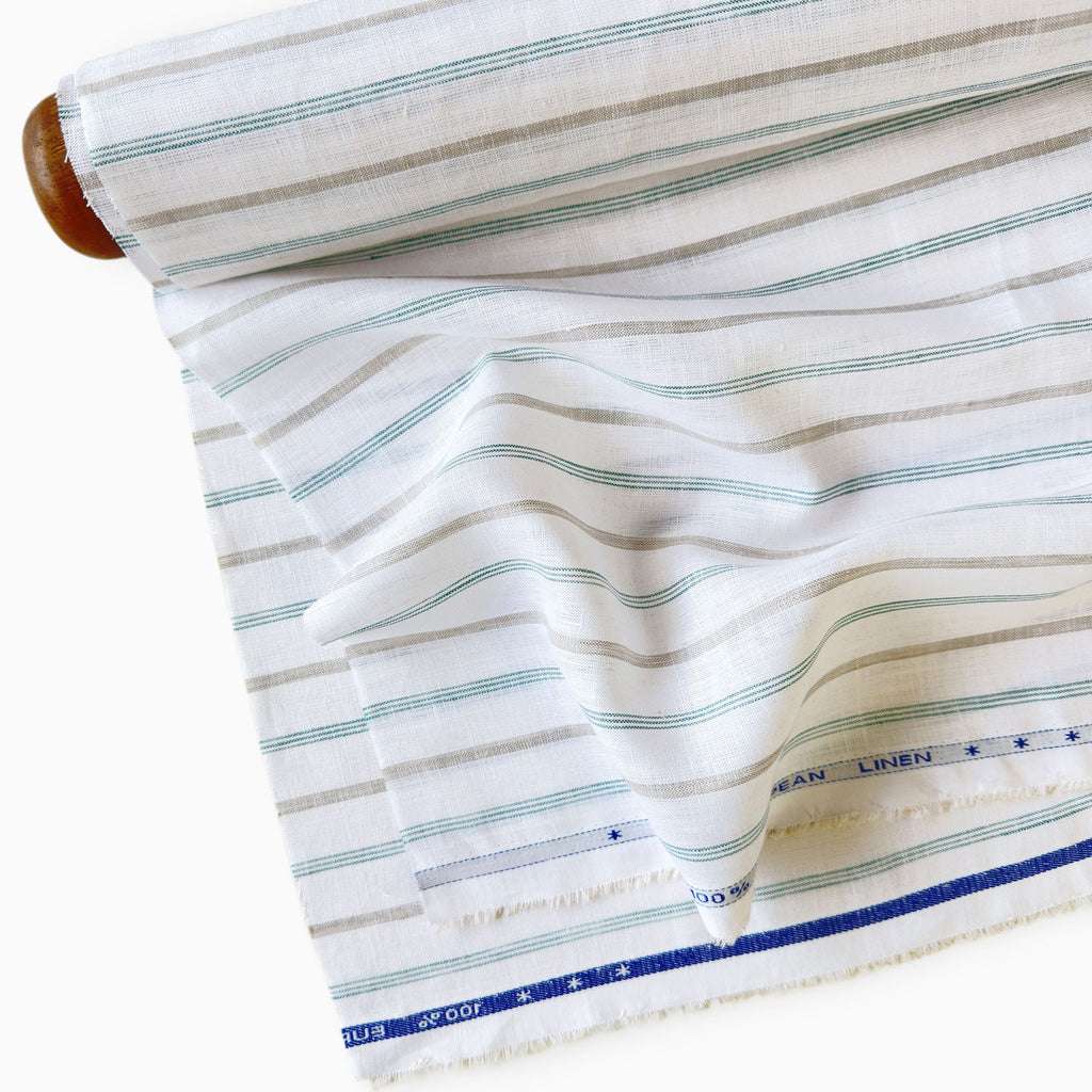 Natural White & Green-Grey Stripes 60 LEA Linen Fabric
