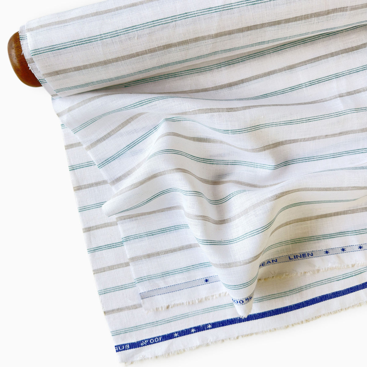 Natural White & Green-Grey Stripes 60 LEA Linen Fabric