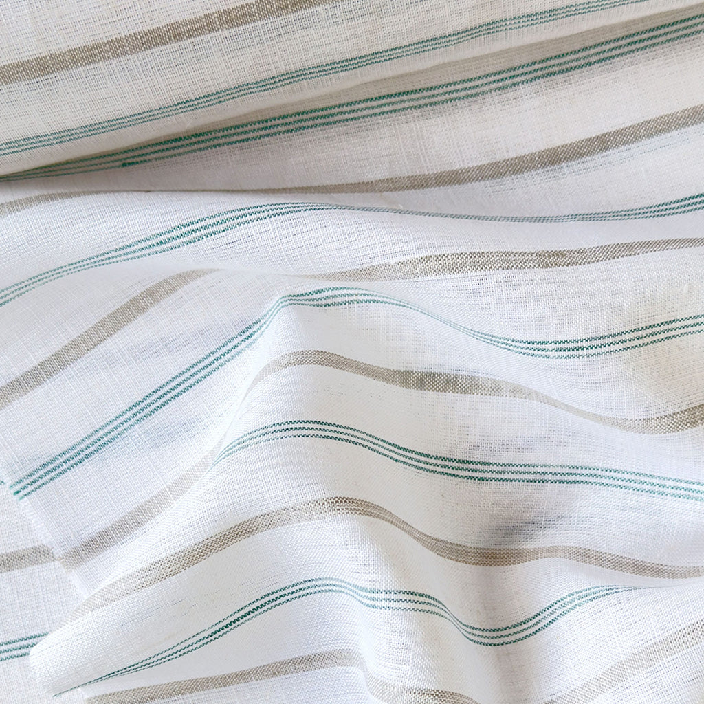 Natural White & Green-Grey Stripes 60 LEA Linen Fabric
