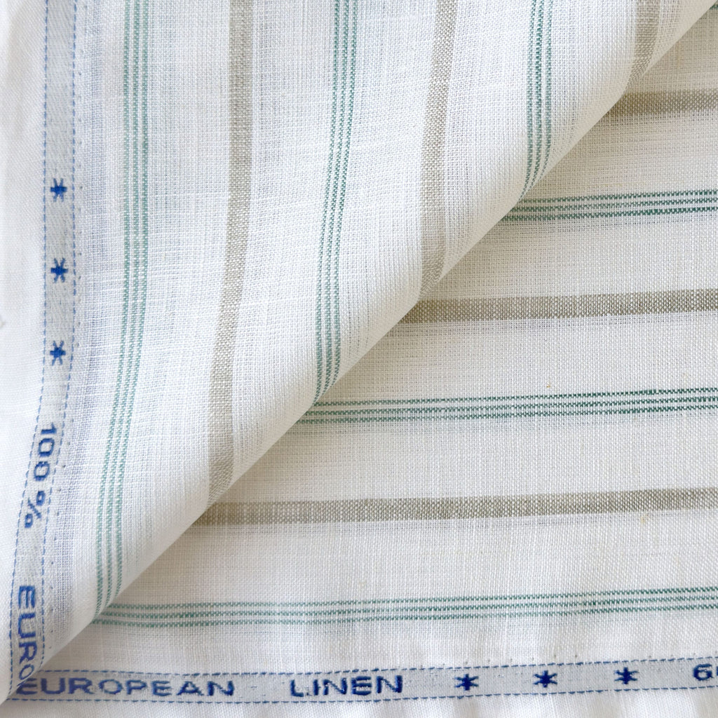 Natural White & Green-Grey Stripes 60 LEA Linen Fabric