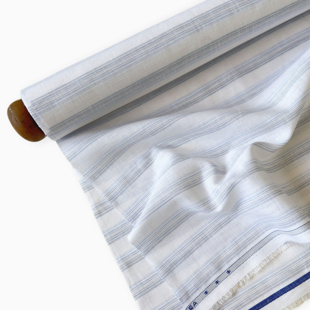 Natural White & Light Blue Stripes 60 LEA Linen Fabric