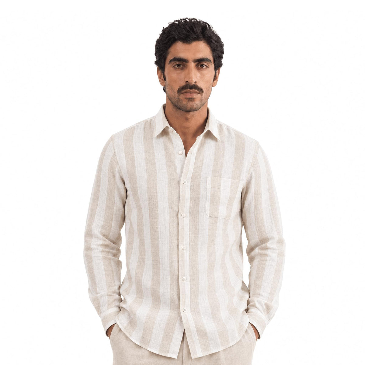 Off-White & Beige Stripes 60 LEA Linen Fabric