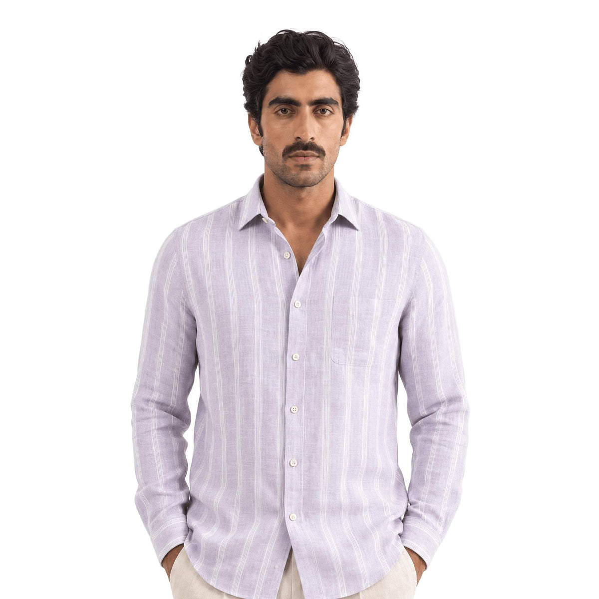 Pastel Lilac & White Stripes 60 LEA Linen Fabric