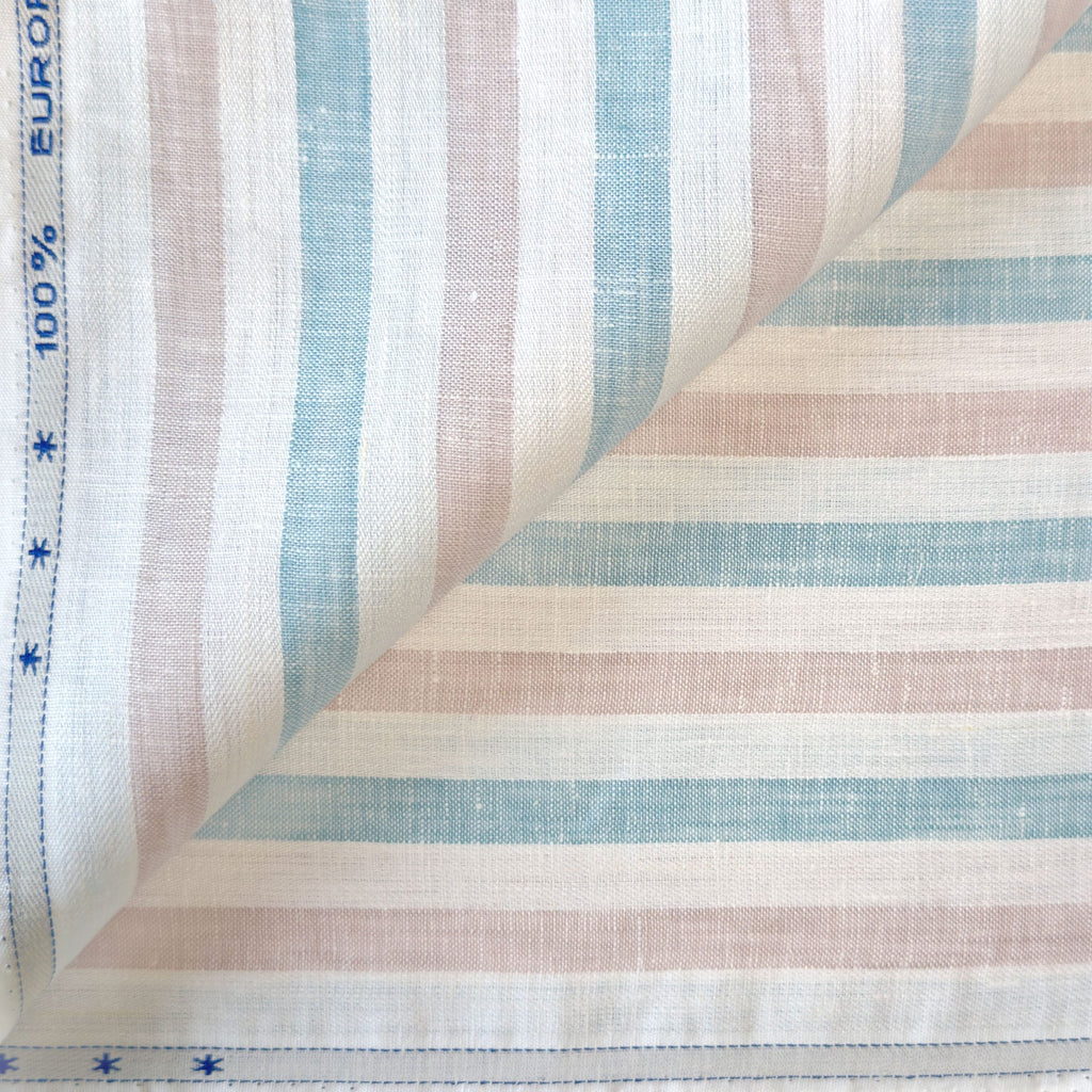 Pure White & Blue-Brown Stripes 60 LEA Linen Fabric