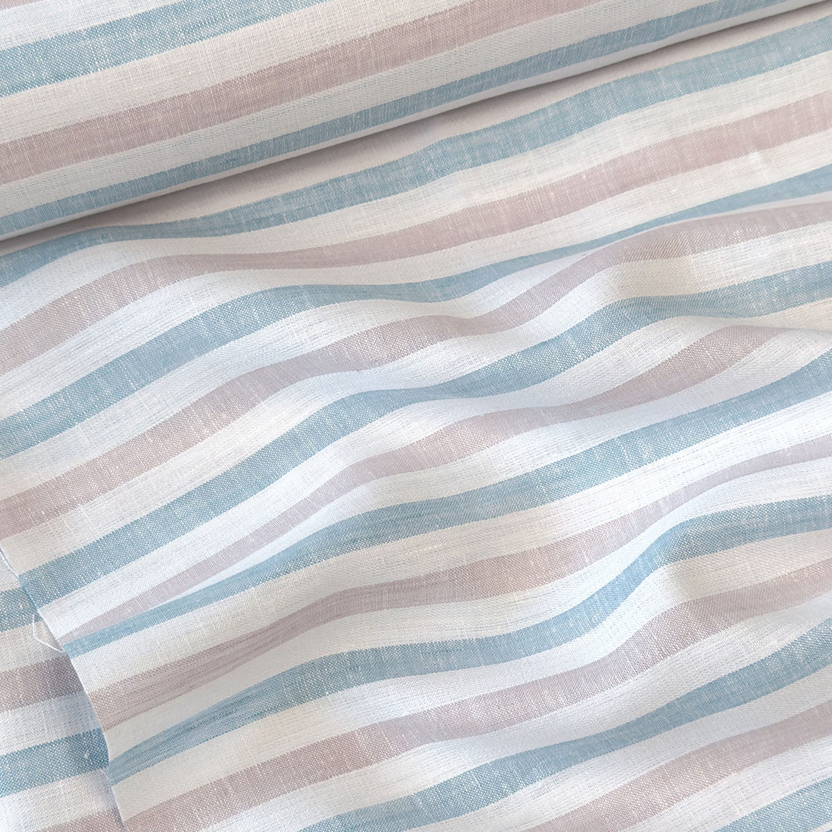 Pure White & Blue-Brown Stripes 60 LEA Linen Fabric