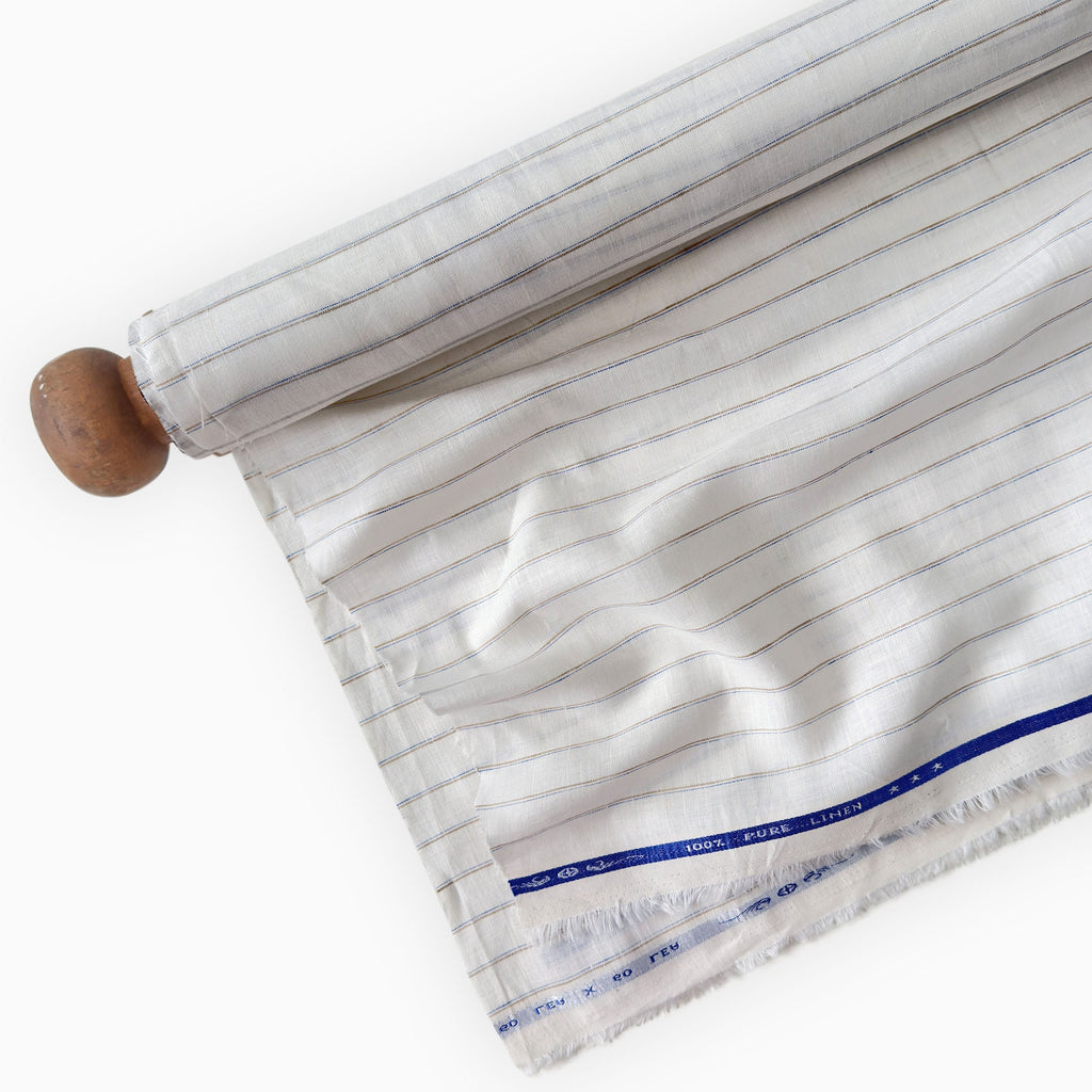 Pure White & Brown-Blue Stripes 60 LEA Linen Fabric
