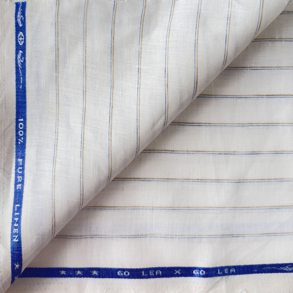 Pure White & Brown-Blue Stripes 60 LEA Linen Fabric