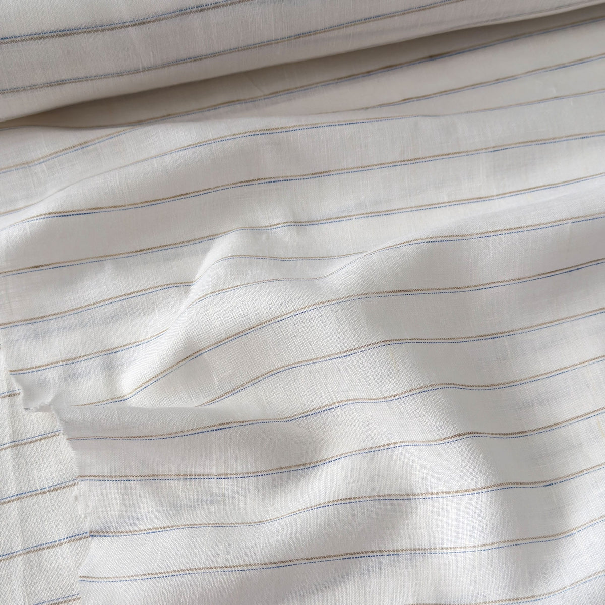 Pure White & Brown-Blue Stripes 60 LEA Linen Fabric