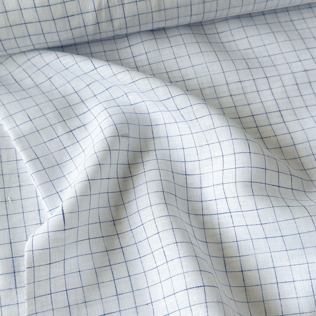 Pure White & Dark Blue Checks 60 LEA Linen Fabric