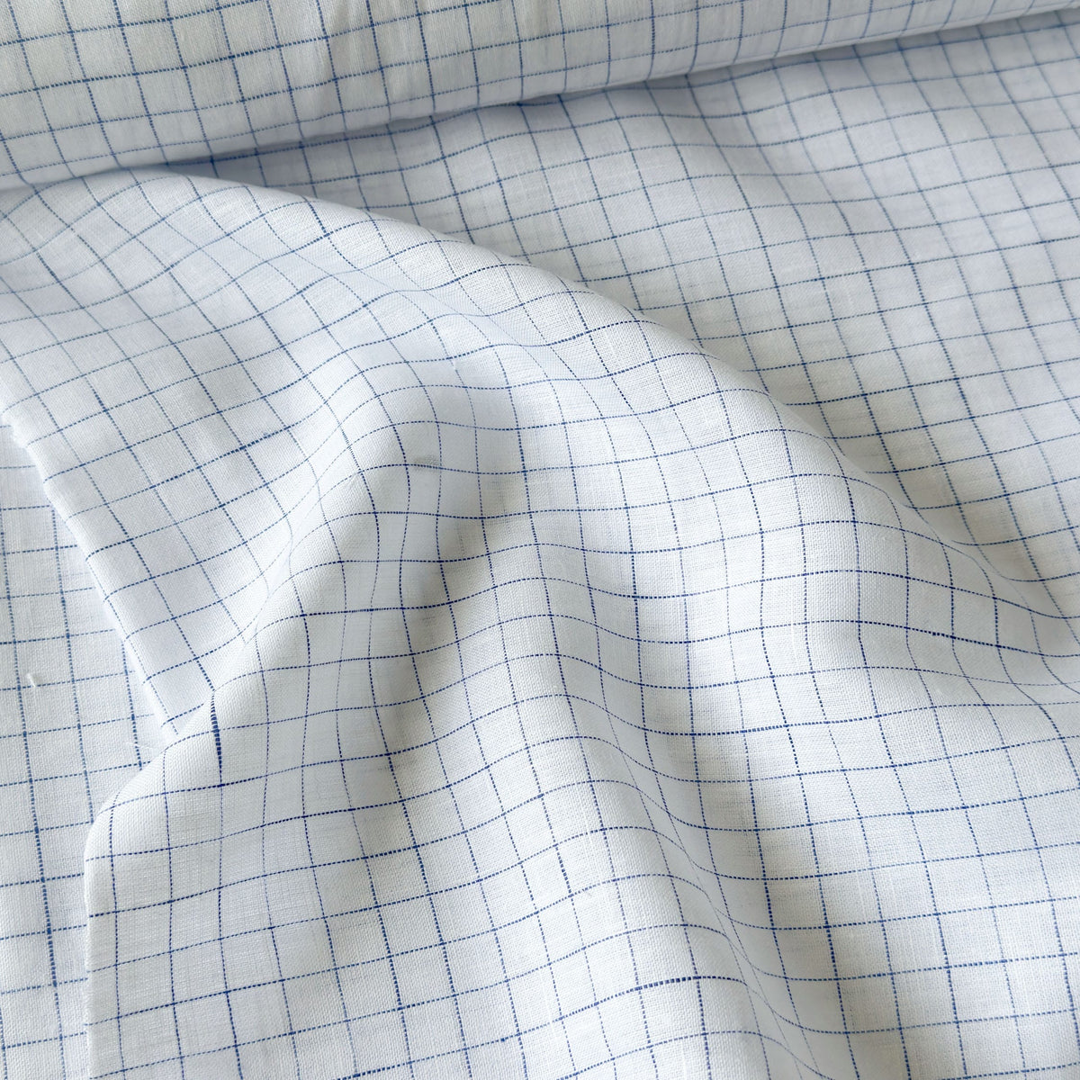 Pure White & Dark Blue Checks 60 LEA Linen Fabric