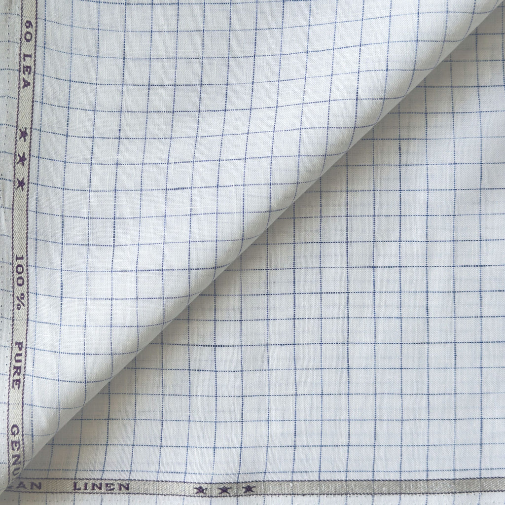 Pure White & Dark Blue Checks 60 LEA Linen Fabric