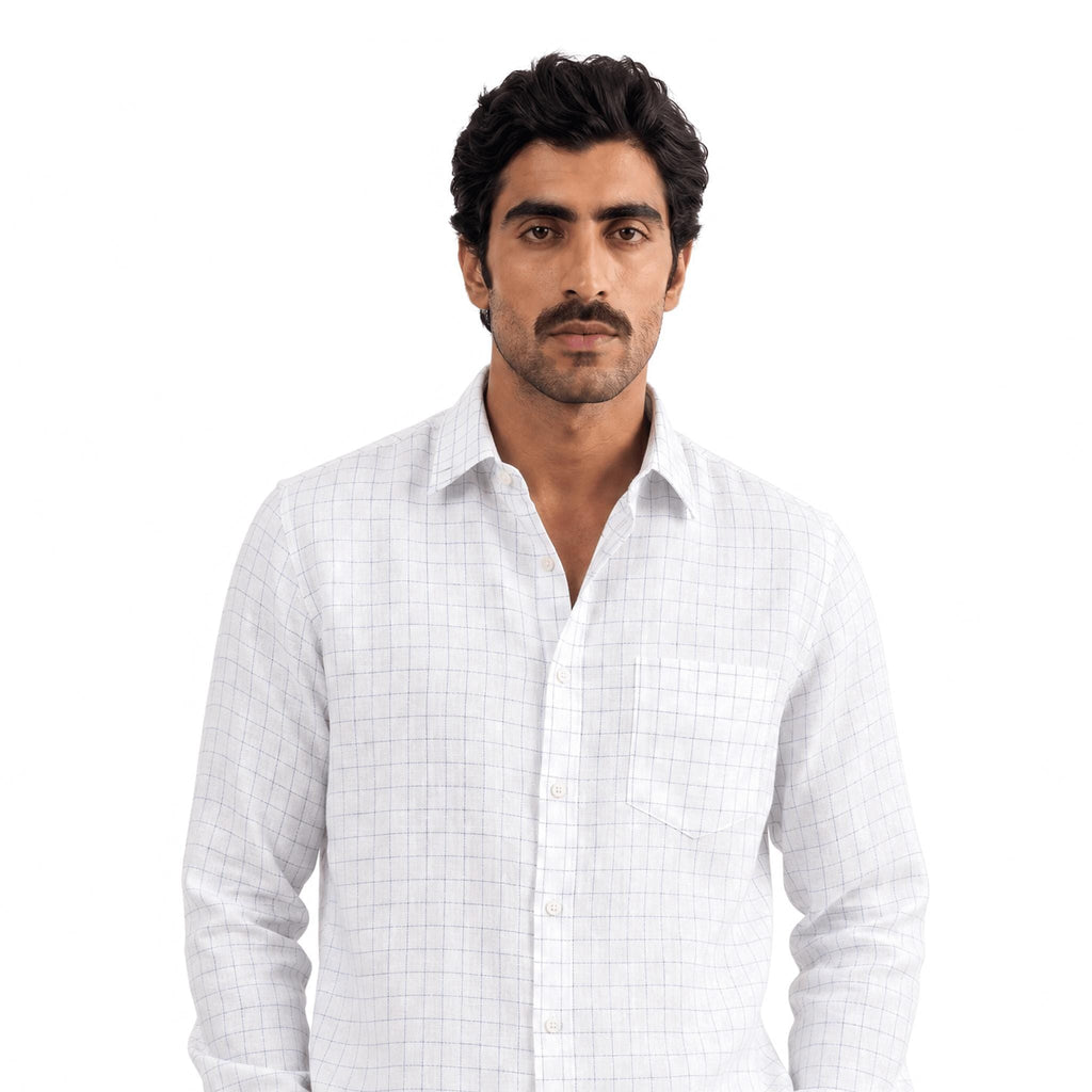 Pure White & Dark Blue Checks 60 LEA Linen Fabric